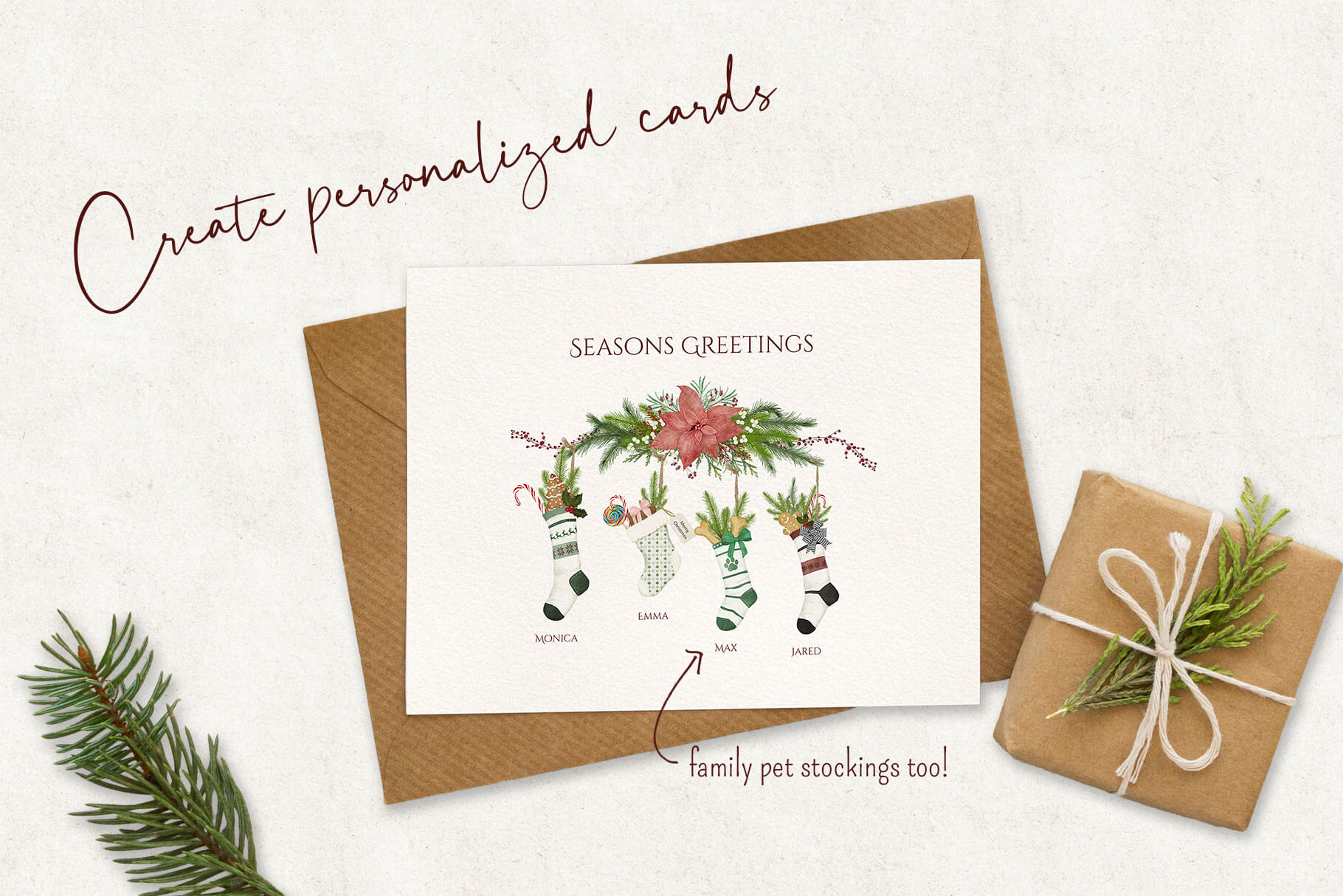 Christmas stockings illustration printed on a Holiday card