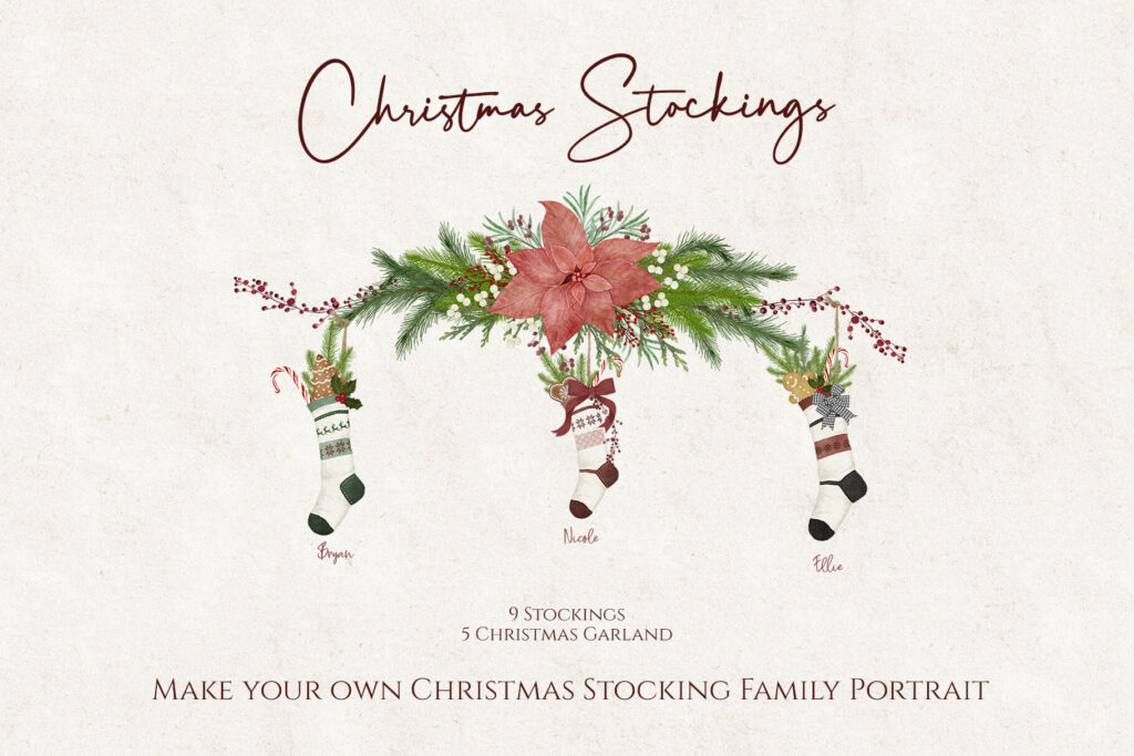 An illustration of Christmas garland with stockings hanging from it.