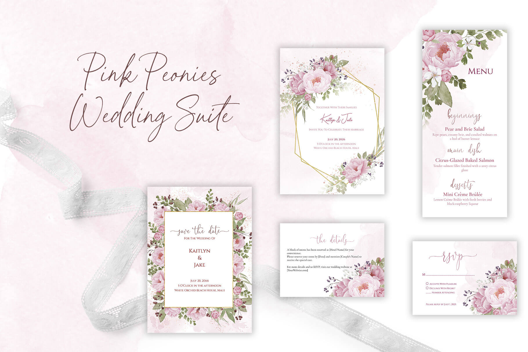 A wedding suite with pink peonies